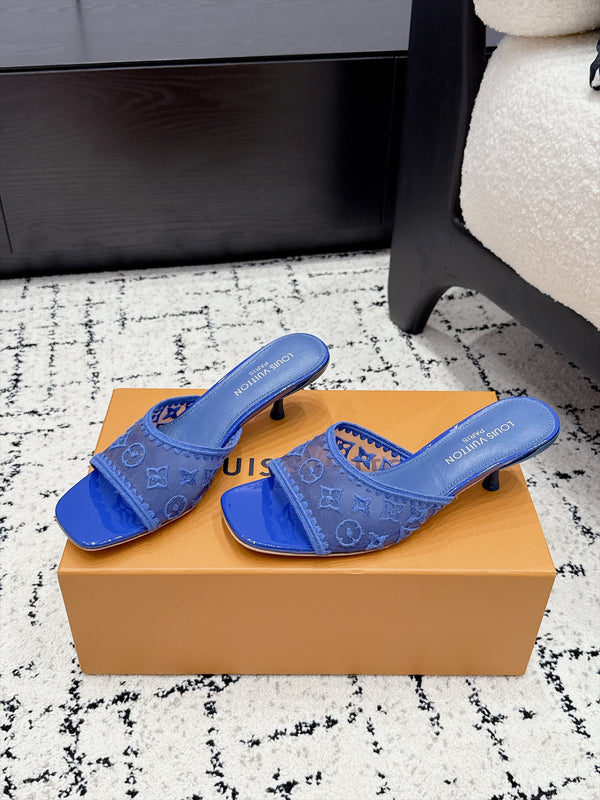 LV 6AM Mules Kitten Heel Blue Monogram Mesh 979715