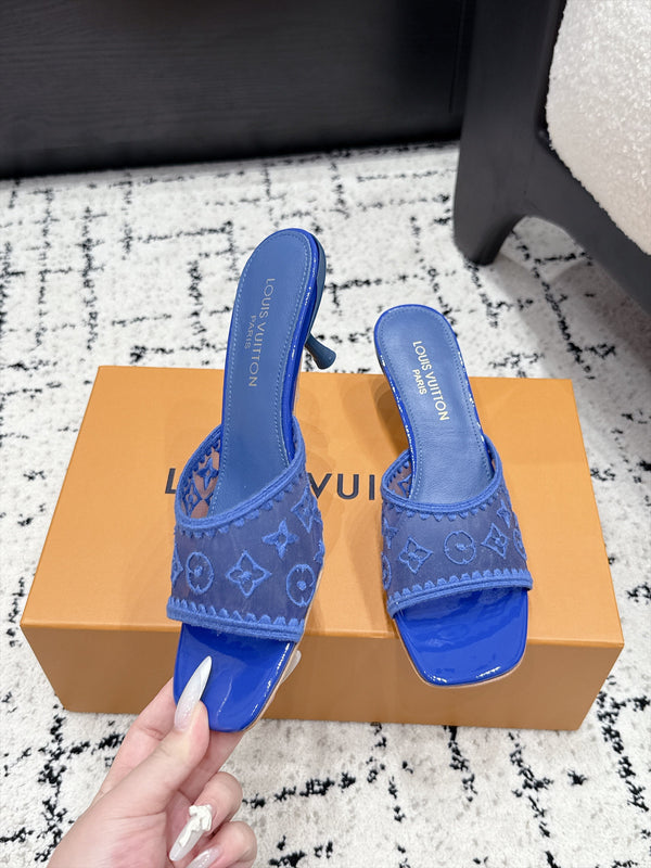 LV 6AM Mules Kitten Heel Blue Monogram Mesh 979715