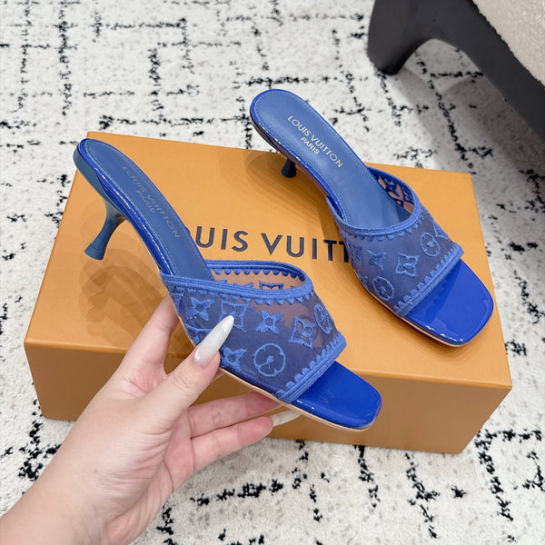 LV 6AM Mules Kitten Heel Blue Monogram Mesh 979715