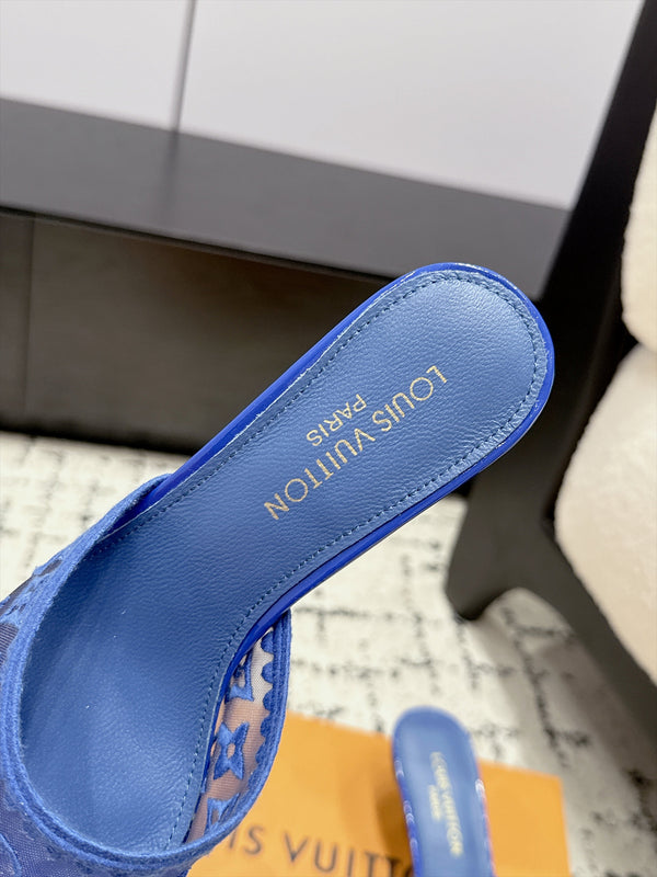 LV 6AM Mules Kitten Heel Blue Monogram Mesh 979715