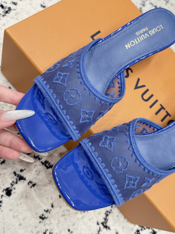 LV 6AM Mules Kitten Heel Blue Monogram Mesh 979715