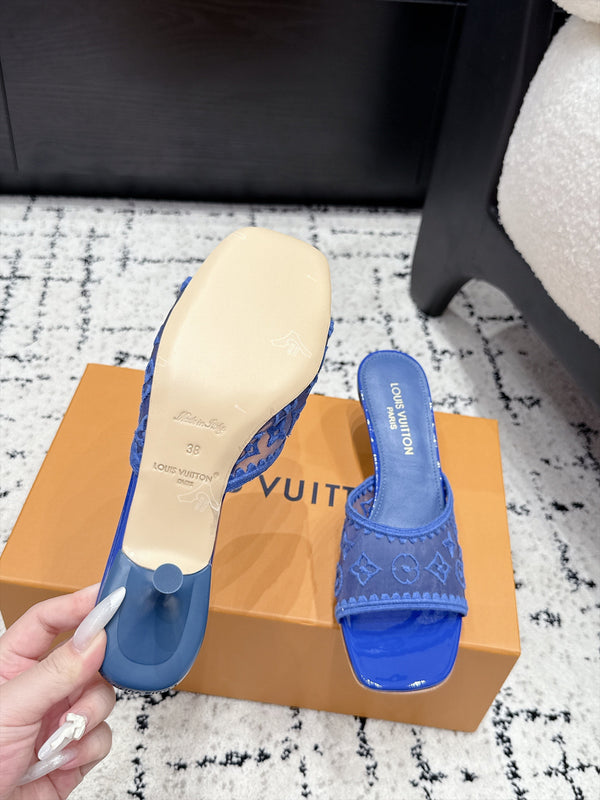 LV 6AM Mules Kitten Heel Blue Monogram Mesh 979715