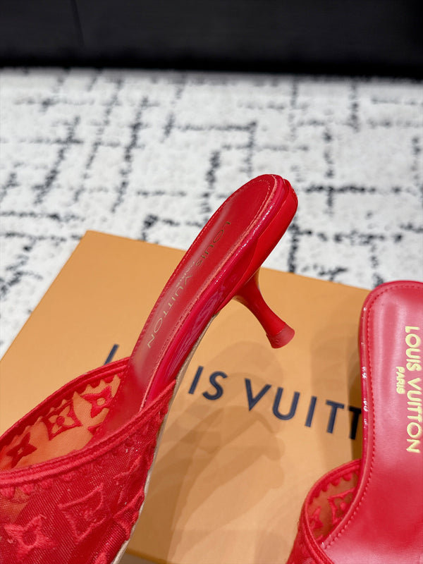 LV 6AM Mules Kitten Heel Red Monogram Mesh 979714