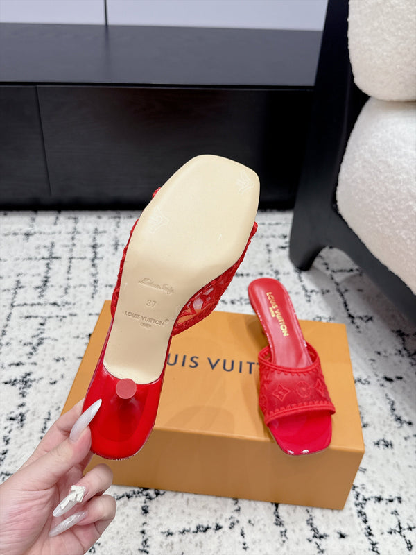 LV 6AM Mules Kitten Heel Red Monogram Mesh 979714
