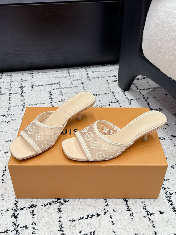 LV 6AM Mules Kitten Heel Beige Monogram Mesh 979713