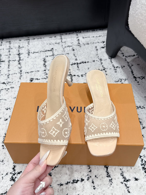LV 6AM Mules Kitten Heel Beige Monogram Mesh 979713