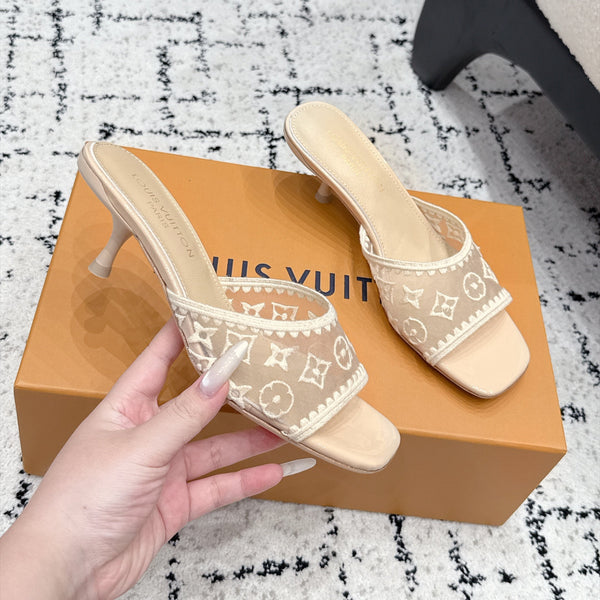 LV 6AM Mules Kitten Heel Beige Monogram Mesh 979713