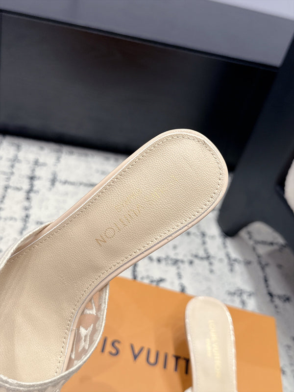 LV 6AM Mules Kitten Heel Beige Monogram Mesh 979713