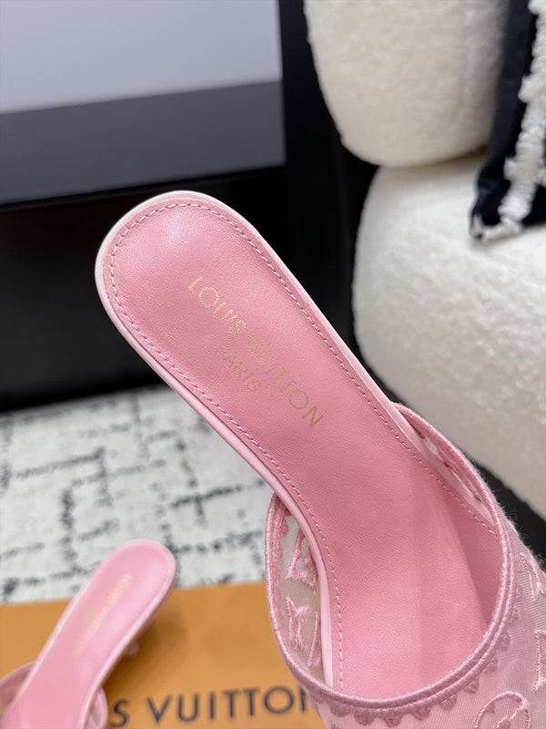 LV 6AM Mules Kitten Heel Pink Monogram Mesh 979712