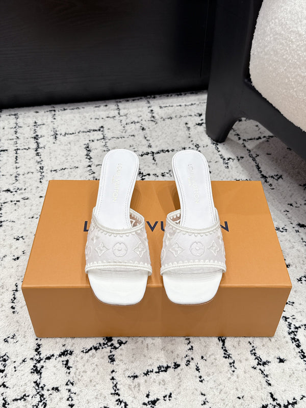 LV 6AM Mules Kitten Heel White Monogram Mesh 979711