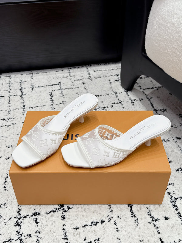 LV 6AM Mules Kitten Heel White Monogram Mesh 979711