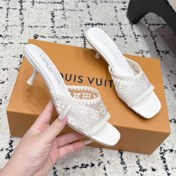 LV 6AM Mules Kitten Heel White Monogram Mesh 979711