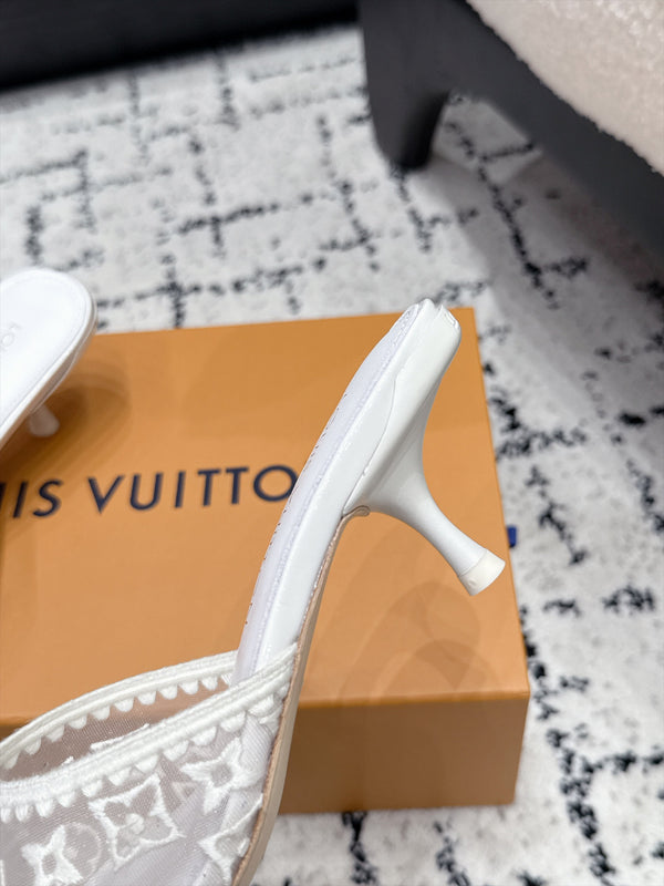 LV 6AM Mules Kitten Heel White Monogram Mesh 979711