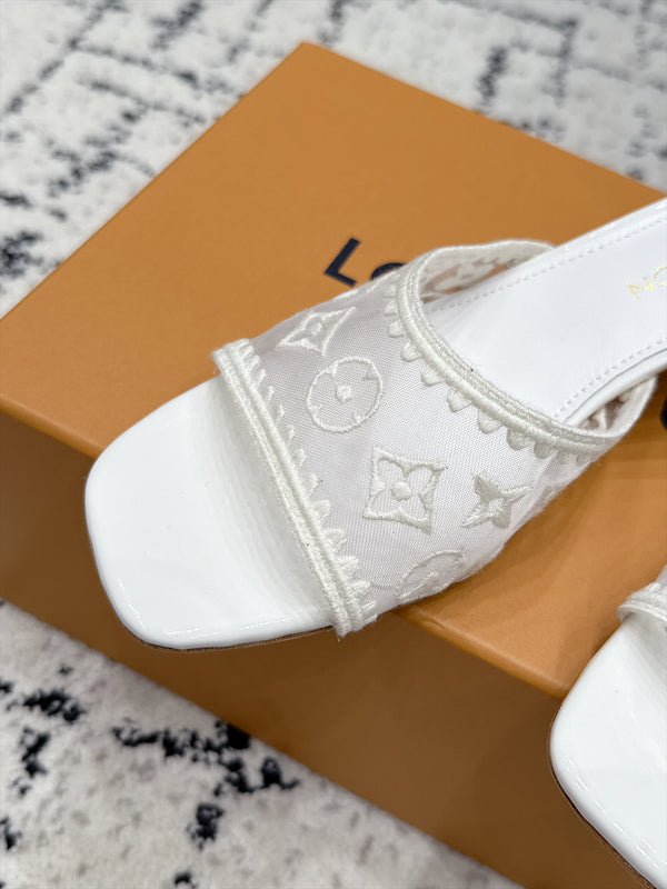 LV 6AM Mules Kitten Heel White Monogram Mesh 979711