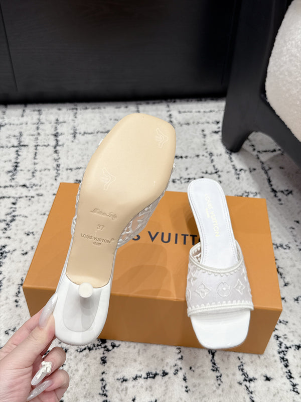LV 6AM Mules Kitten Heel White Monogram Mesh 979711