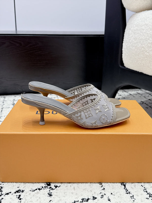 LV 6AM Mules Kitten Heel Grey Monogram Mesh 979710