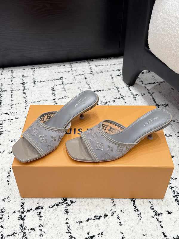 LV 6AM Mules Kitten Heel Grey Monogram Mesh 979710