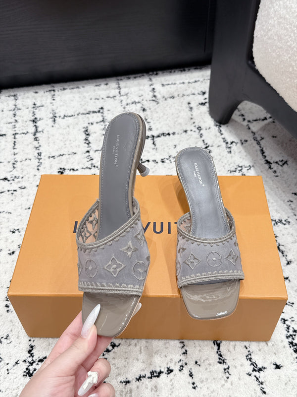 LV 6AM Mules Kitten Heel Grey Monogram Mesh 979710