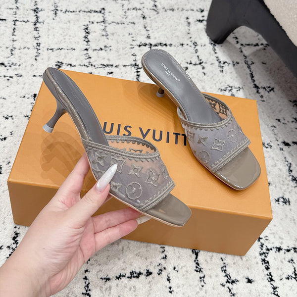LV 6AM Mules Kitten Heel Grey Monogram Mesh 979710