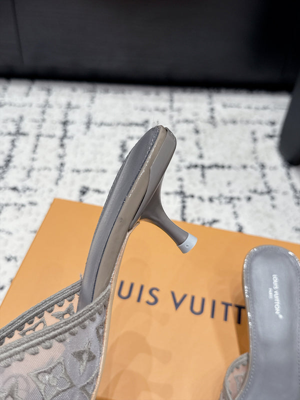 LV 6AM Mules Kitten Heel Grey Monogram Mesh 979710