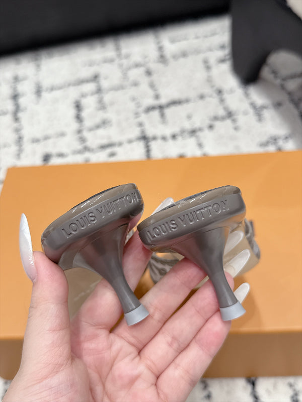 LV 6AM Mules Kitten Heel Grey Monogram Mesh 979710