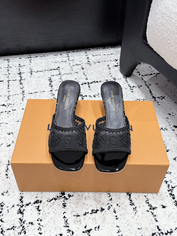 LV 6AM Mules Kitten Heel Black Monogram Mesh 979709
