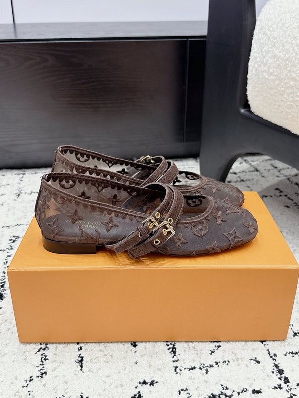 LV Bella Mary Jane Ballerina Marron Monogram Mesh 979698
