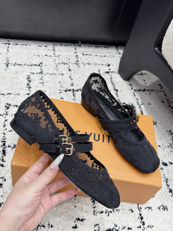 LV Bella Mary Jane Ballerina Black Monogram Mesh 979696