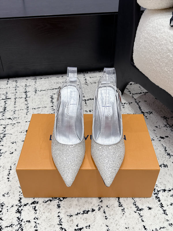 LV My Way Slingback Pumps 9CM Pointed Toe Silver Glitter 979694