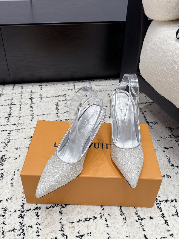 LV My Way Slingback Pumps 9CM Pointed Toe Silver Glitter 979694