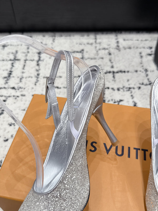 LV My Way Slingback Pumps 9CM Pointed Toe Silver Glitter 979694