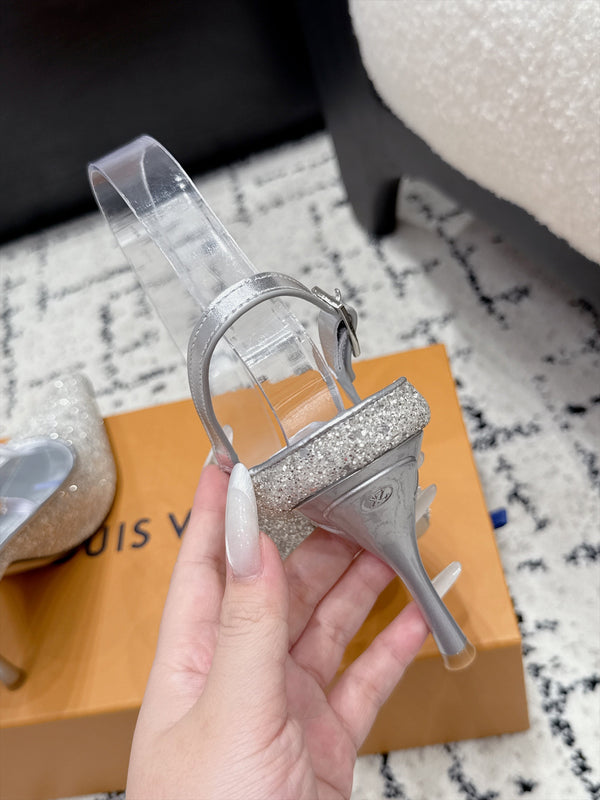 LV My Way Slingback Pumps 9CM Pointed Toe Silver Glitter 979694