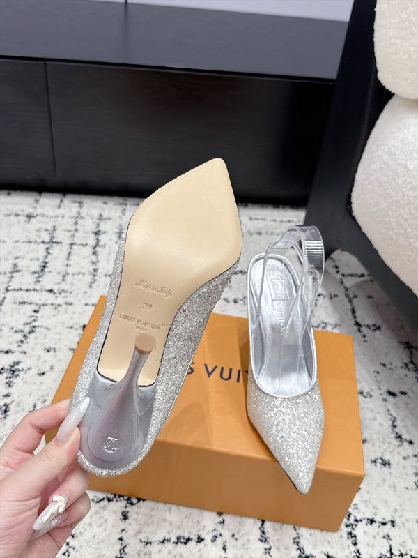 LV My Way Slingback Pumps 9CM Pointed Toe Silver Glitter 979694