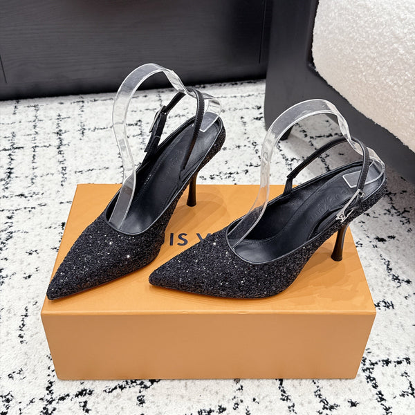LV My Way Slingback Pumps 9CM Pointed Toe Black Glitter 979693