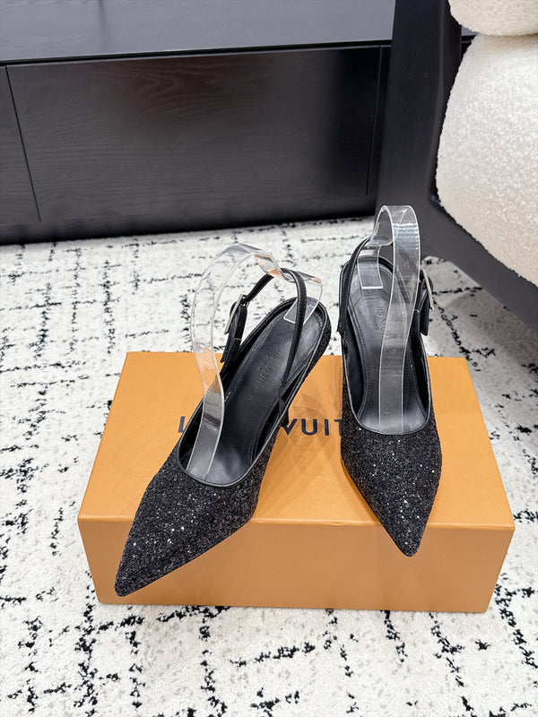 LV My Way Slingback Pumps 9CM Pointed Toe Black Glitter 979693