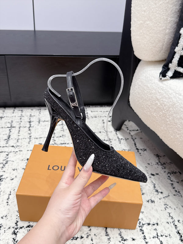 LV My Way Slingback Pumps 9CM Pointed Toe Black Glitter 979693