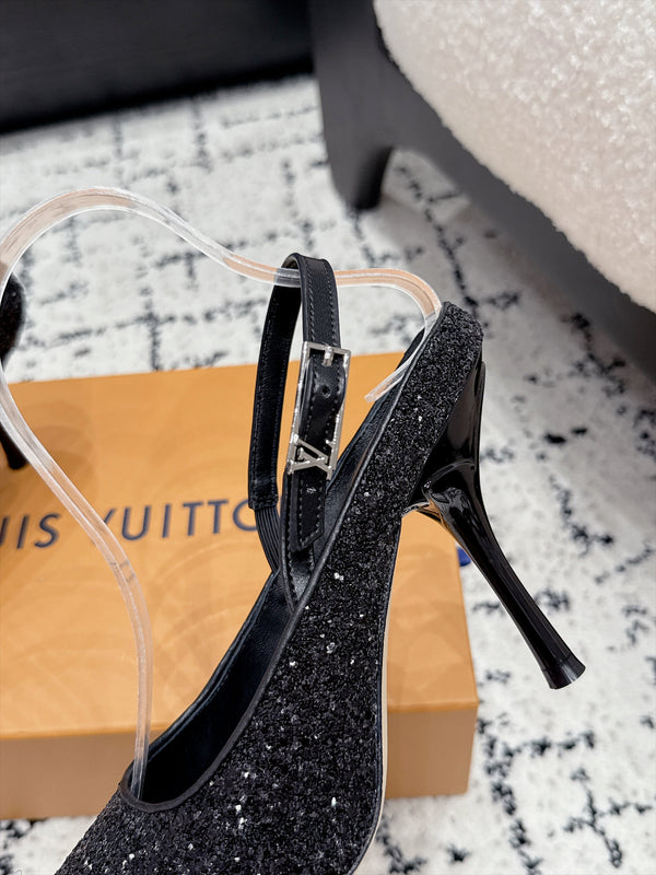 LV My Way Slingback Pumps 9CM Pointed Toe Black Glitter 979693