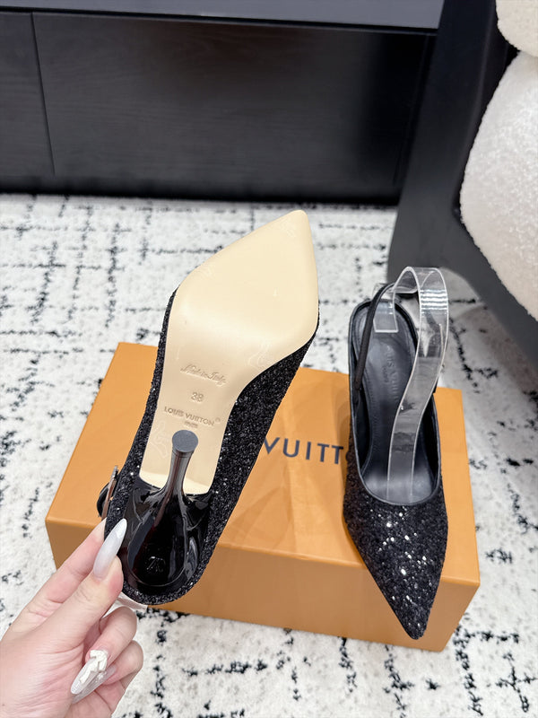 LV My Way Slingback Pumps 9CM Pointed Toe Black Glitter 979693