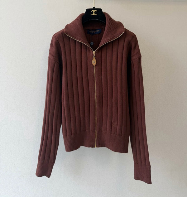 LV Ribbed Knit Zip-Up Cardigan Brown Wool 421078