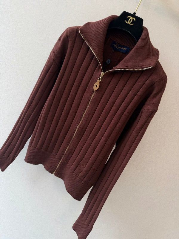 LV Ribbed Knit Zip-Up Cardigan Brown Wool 421078