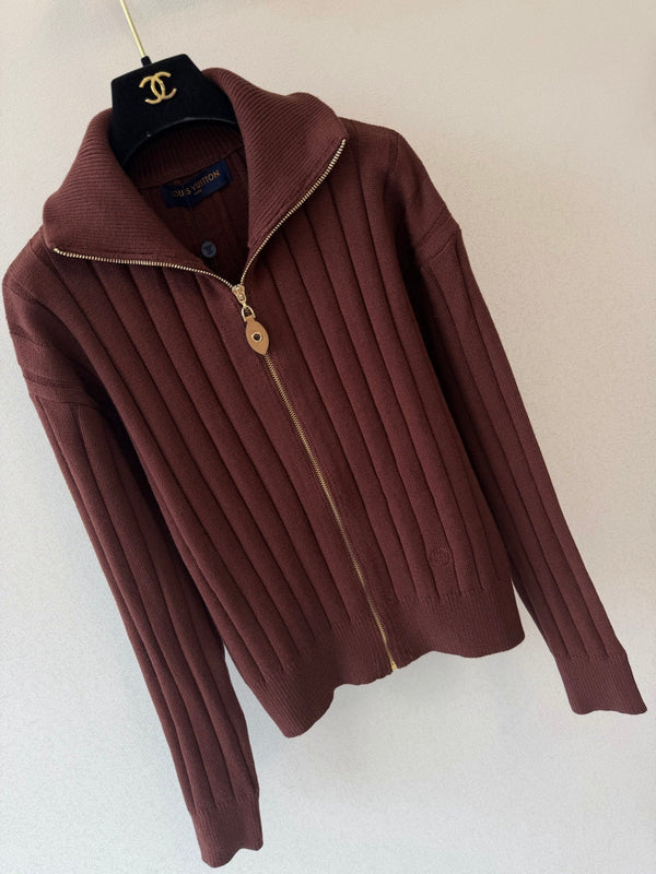 LV Ribbed Knit Zip-Up Cardigan Brown Wool 421078