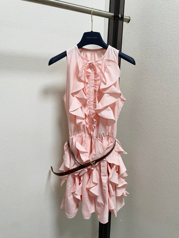 LV Sleeveless Ruffled Dress Leather Belt Polyester 413736