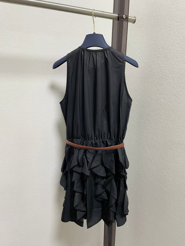 LV Sleeveless Ruffled Dress Leather Belt Polyester 413736