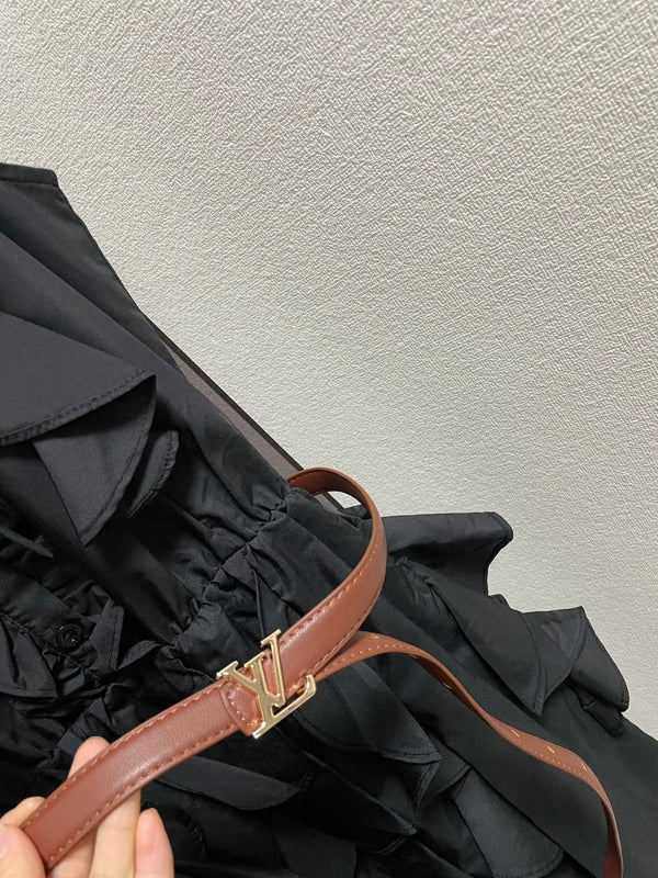 LV Sleeveless Ruffled Dress Leather Belt Polyester 413736