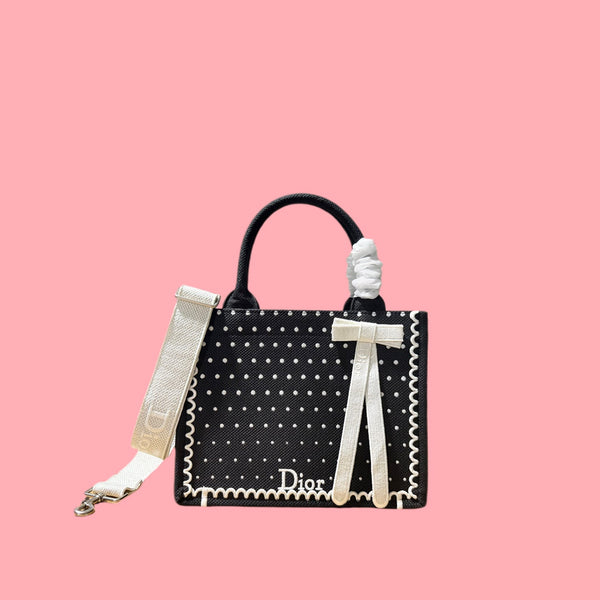 CD Book Tote With Strap PolkaDior Embroidery Black White Canvas 164637