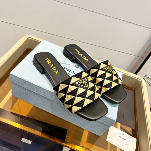Prad 26s Enameled Metal Triangle Printed Slides Black  Beige Leather Cotton 986591