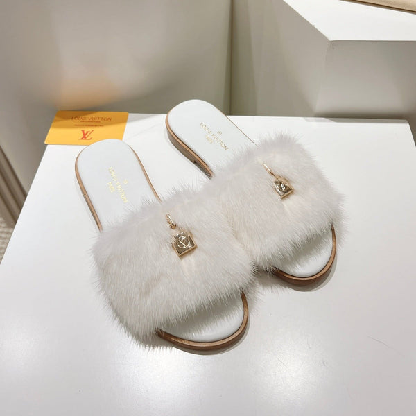 LV Slide Sandals White Faux Fur Gold Padlock Charm 997728