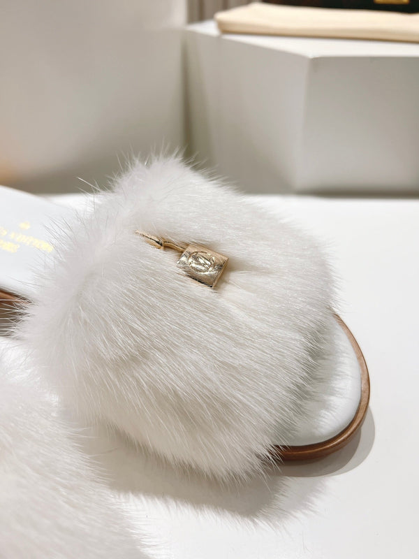 LV Slide Sandals White Faux Fur Gold Padlock Charm 997728