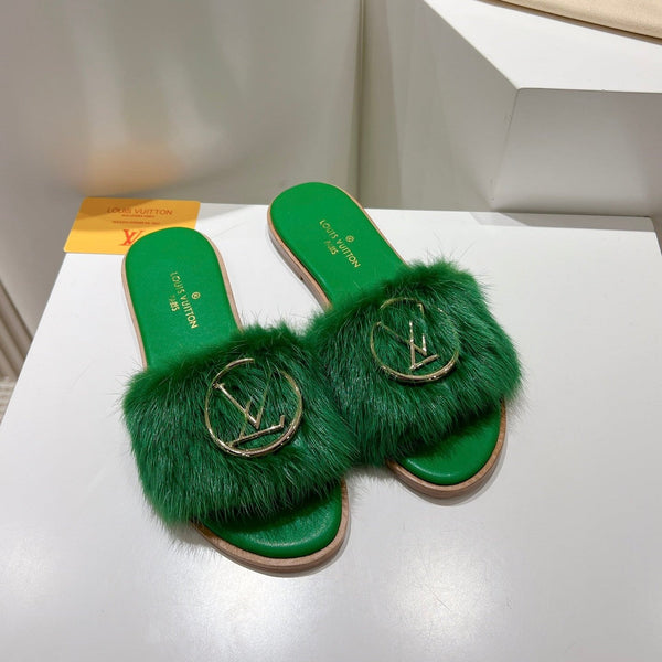 LV Flat Mule Sandals Green Fur Gold LV Medallion 997726
