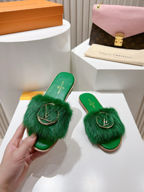LV Flat Mule Sandals Green Fur Gold LV Medallion 997726